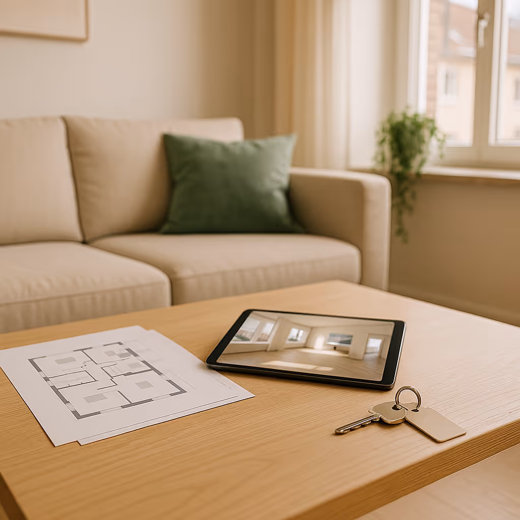 Wohnzimmer mit Exposé, Grundrissen und Schlüssel – professionelle Immobilienvermarktung in Bielefeld, Herford und OWL