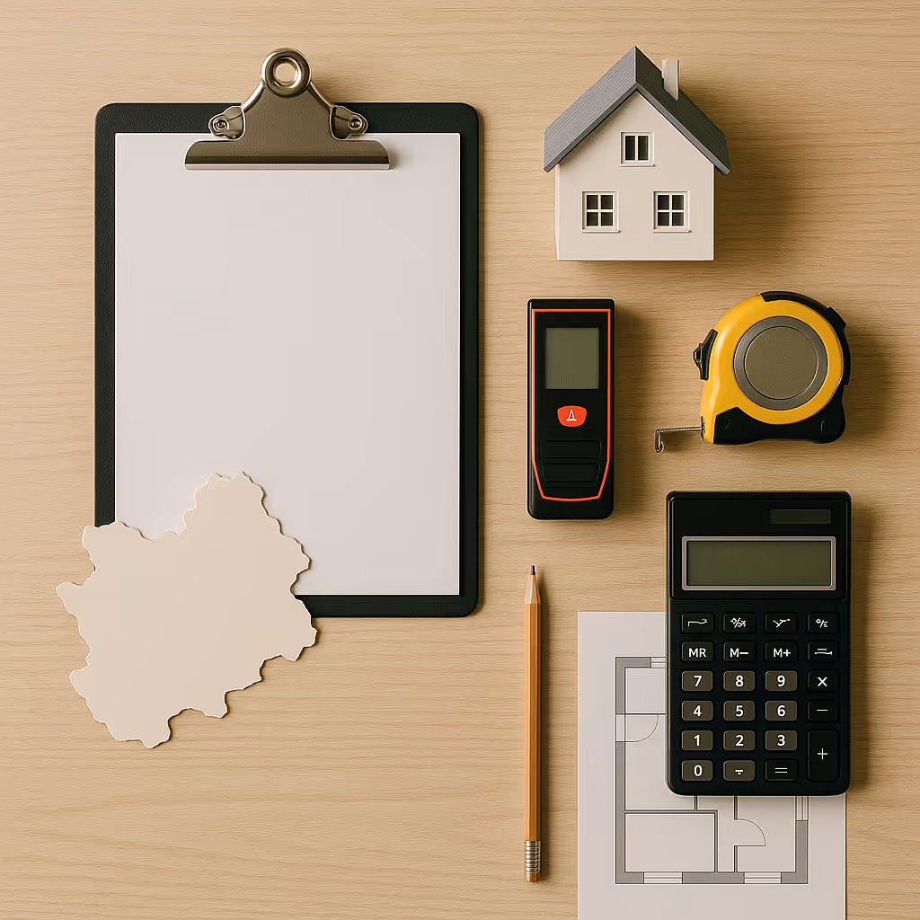 Schreibtisch-Flatlay mit Hausmodell, Maßband und Rechner – kostenfreie Immobilien-Ersteinschätzung in Bielefeld & Herford